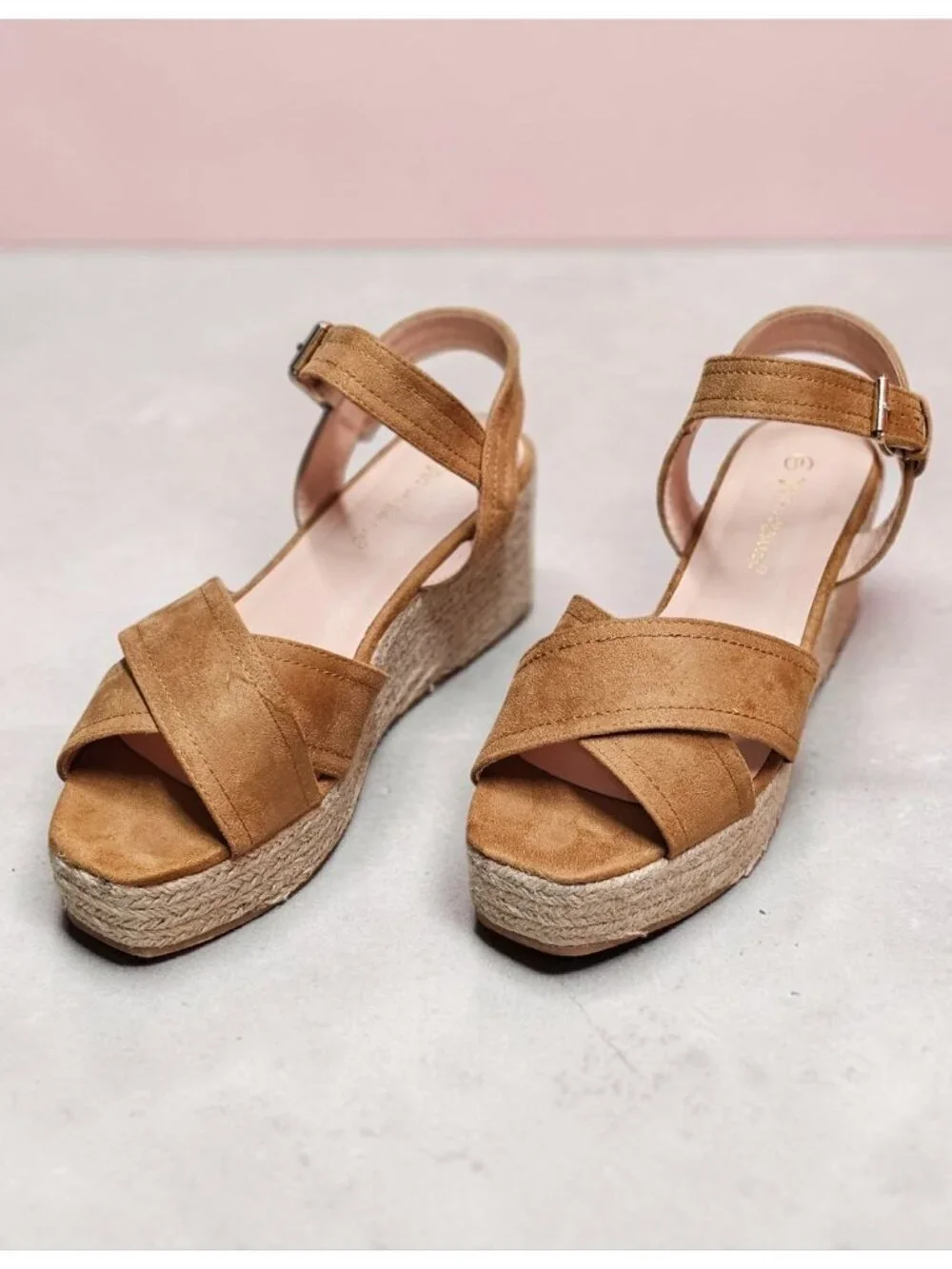 Camel Suede Espadrille Wedge Sandals With Ankle Strap & Buckle Closure For Women
